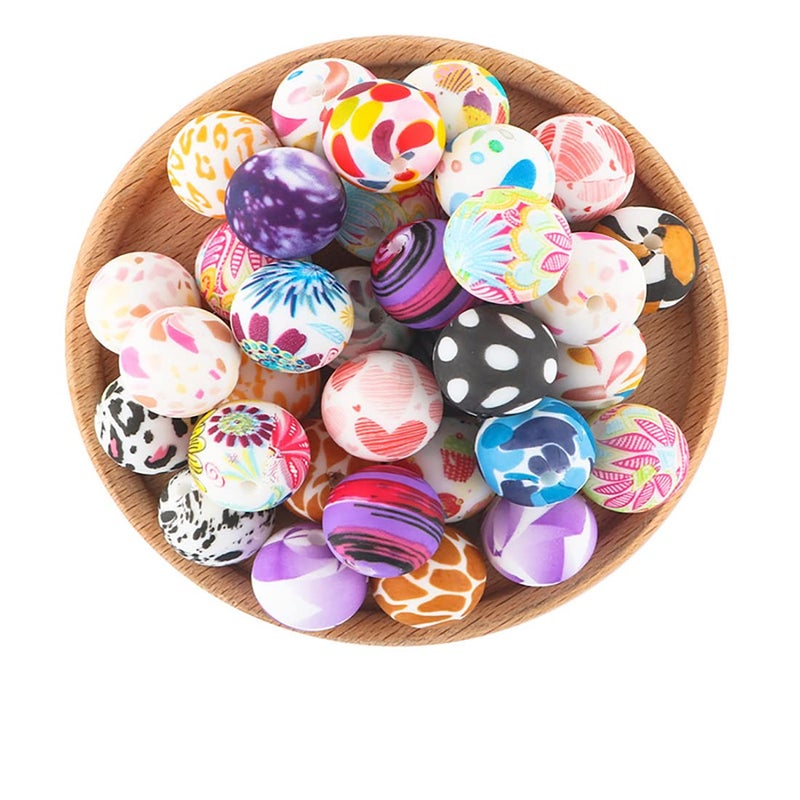 Decoendiy 50Pcs Silicone Printed Beads 15mm  Leopard Cow Animal Print Beads  Flower Leaves Plaid Beads  Loose Round Silicone Spacer Beads  for Adults DIY Crafts Supplies (#7) - Image 5